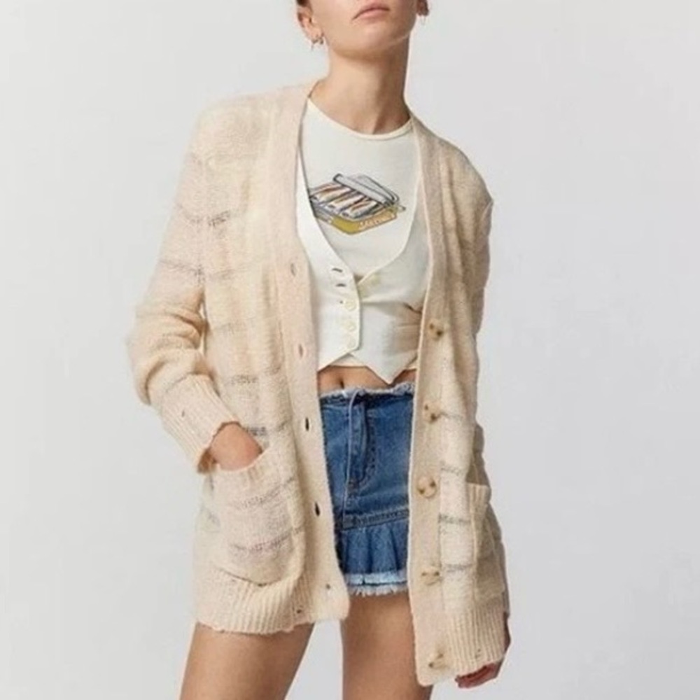 Urban Outfitters Ivory Alston Laddered Knit Button‎ Front Cardigan Sweater